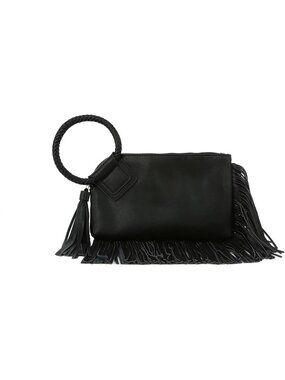 Women Black Fringe Leather Formal Purse Wristlet Wallet Casual Evening Handbag